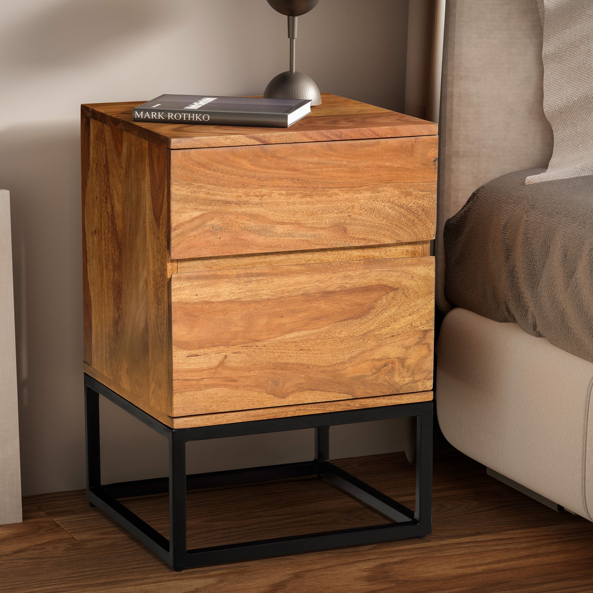 Nachtkonsole Sheesham Massivholz Metall Braun Schwarz | 40x38x60 cm | Industrial Design mit 2 Schubladen