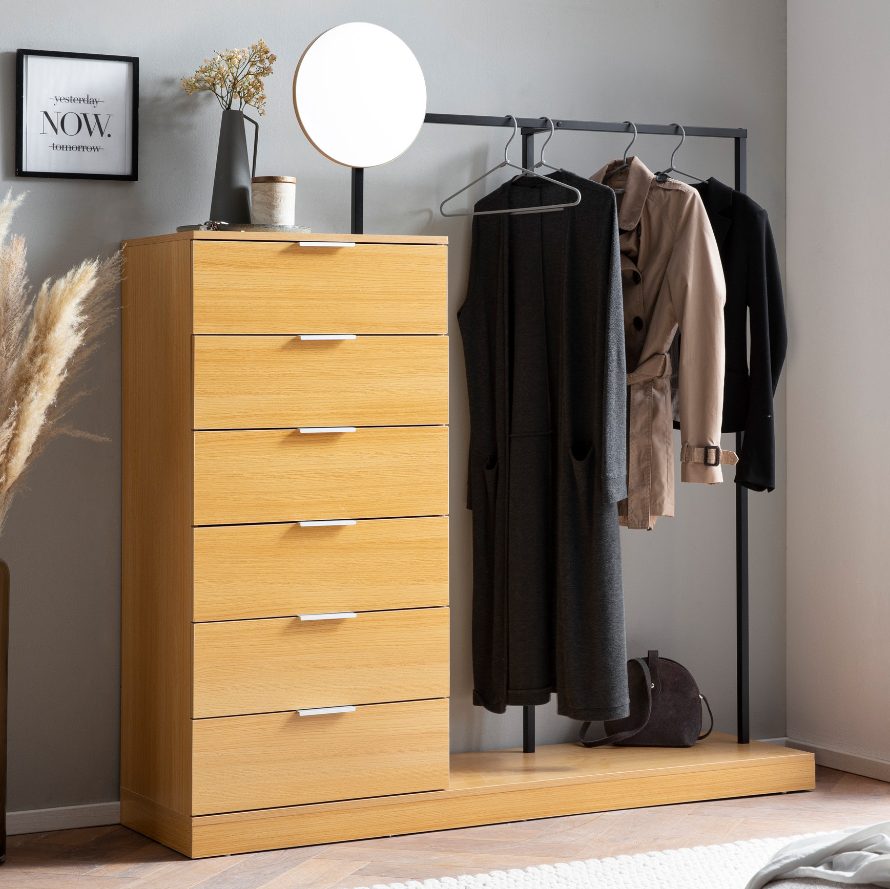 Wohnling garderobe eiche 145 cm kleiderschrank schubläden kleiderstange spiegel