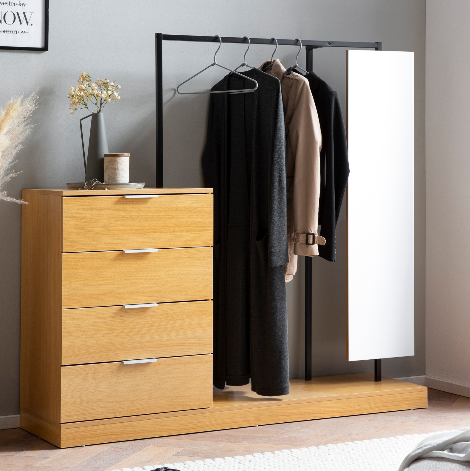 Wohnling garderobe eiche 145 cm kleiderschrank schubläden kleiderstange spiegel