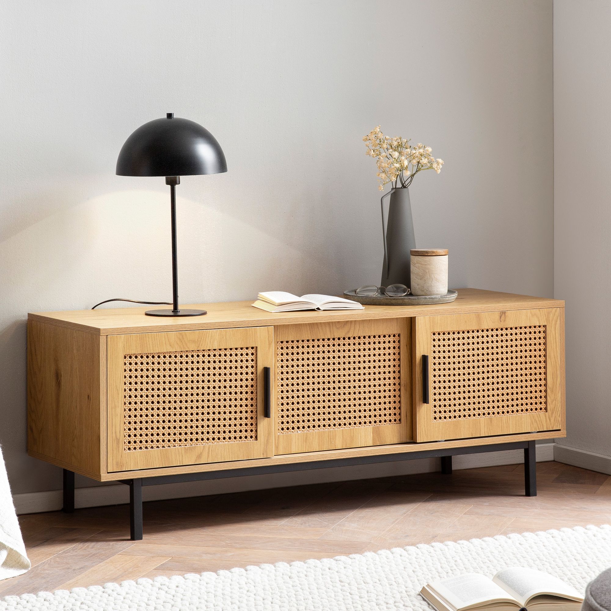 Wohnling lowboard 120 cm tv schrank holz eiche fernsehkommode wiener geflecht
