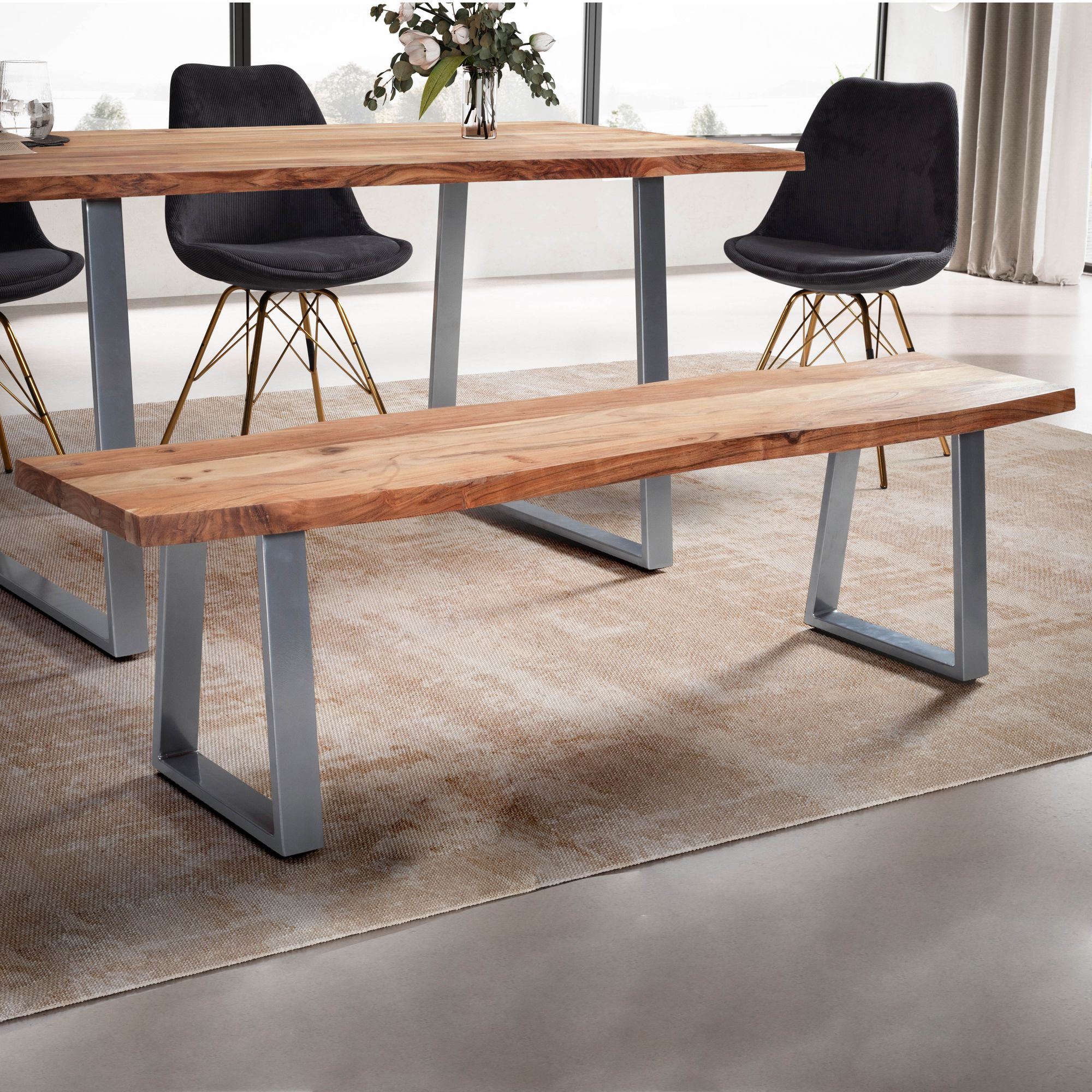 Wohnling esszimmerbank akazie massivholz 120 cm sitzbank essbank baumkante chrom