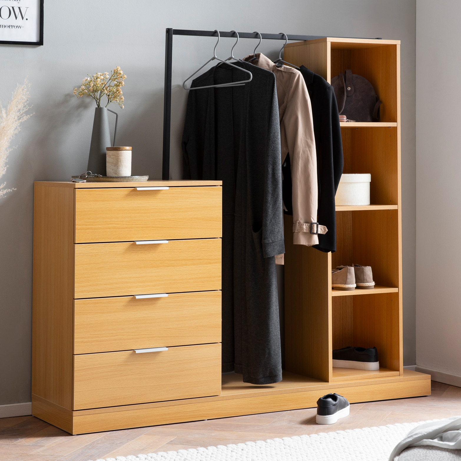 Wohnling garderobe eiche 145 cm kleiderschrank schubläden kleiderstange regal