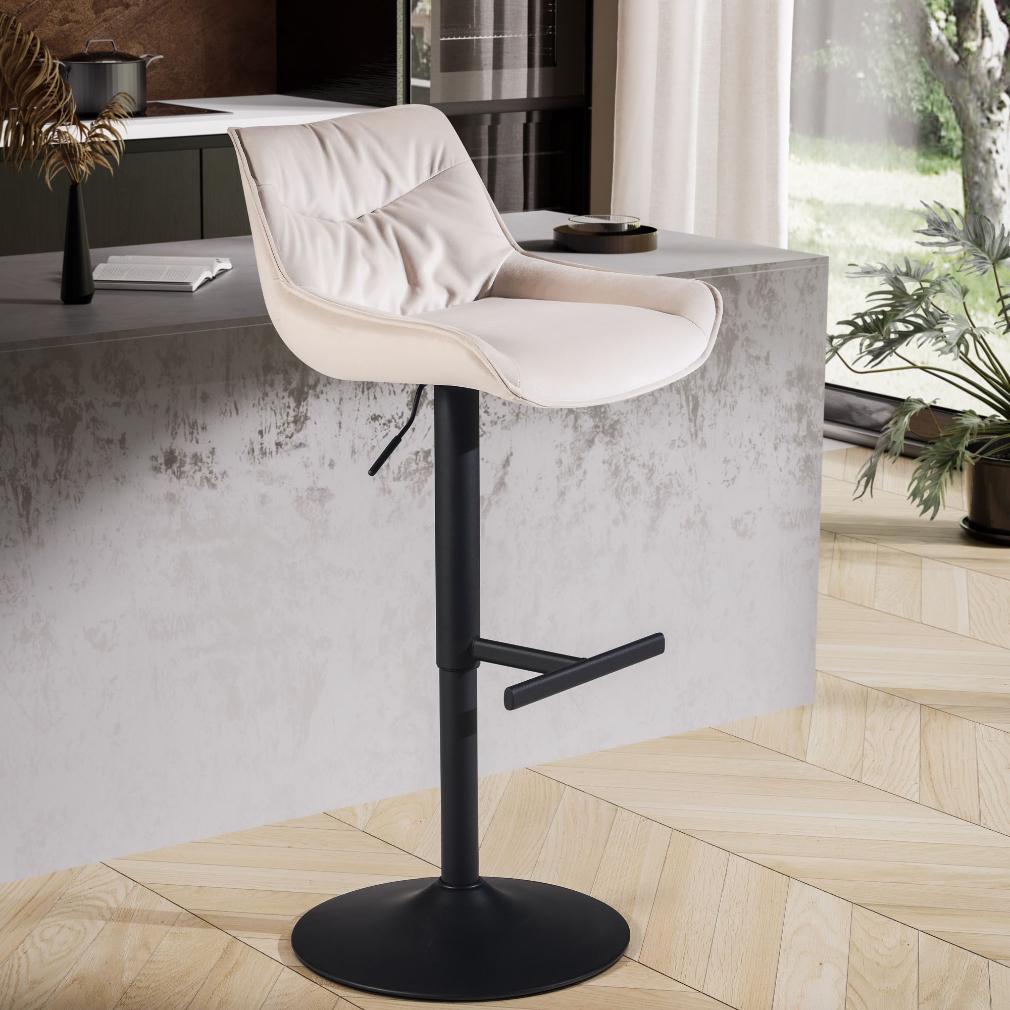 Barhocker Samt Beige | Hocker mit Lehne | Höhenverstellbar 86 - 106 cm
