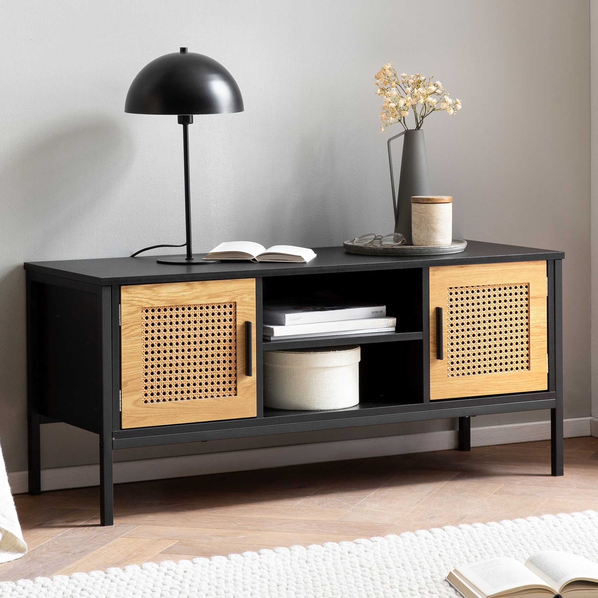 Wohnling lowboard 110 cm tv schrank holz schwarz fernsehkommode wiener geflecht