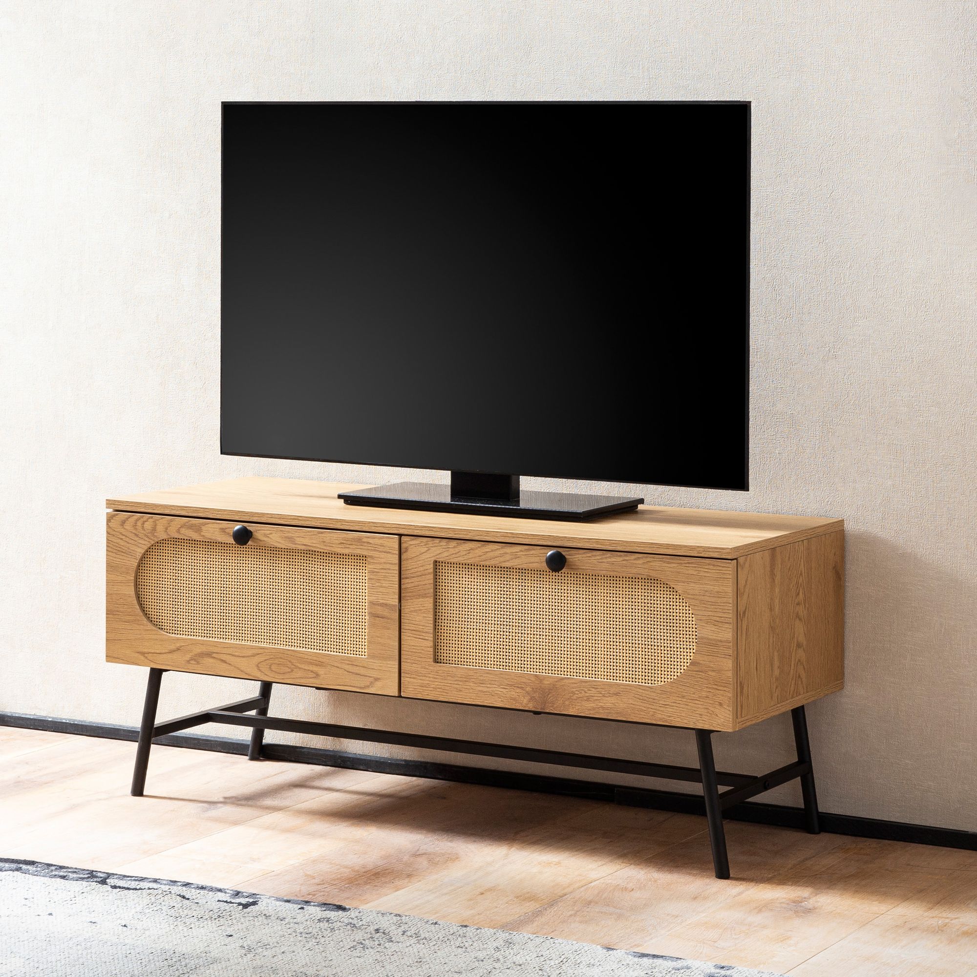 Wohnling lowboard 100 cm tv schrank schublade fernsehkommode rattan stauraum