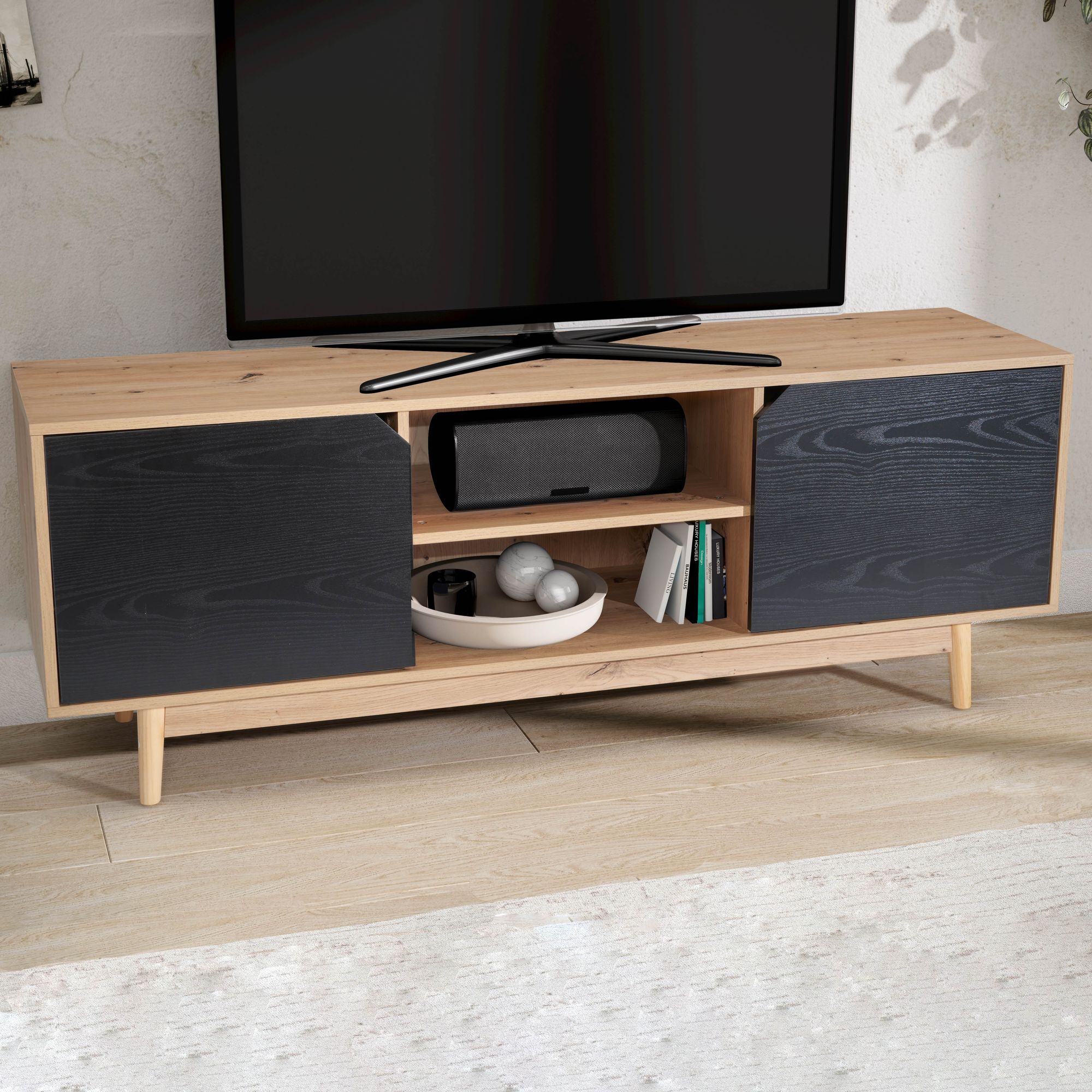 Wohnling lowboard 150 cm tv schrank fernsehkommode fernsehschrank eiche schwarz